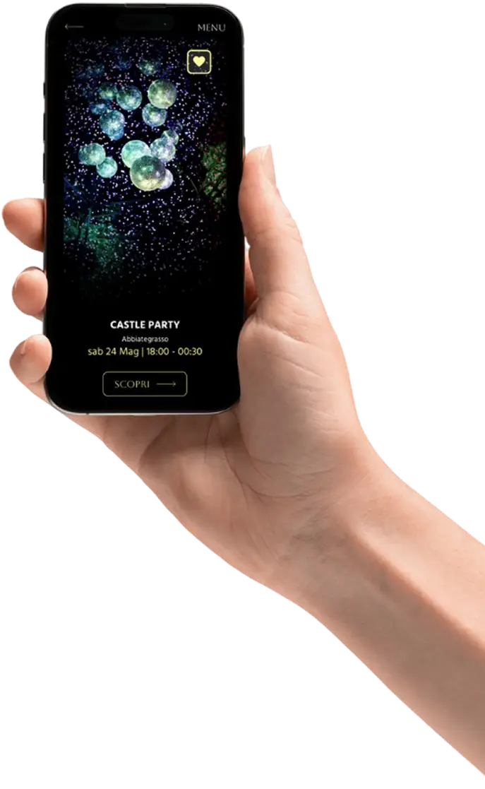 Interfaccia mobile per sito eventi, con lista degli eventi classici e grafica moderna